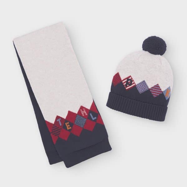 Σετ σκούφος και κασκόλ τρίχρωμα baby αγόρι Μπορντό - Image 1