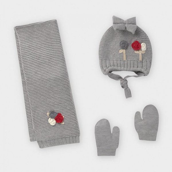 10-10842-096-800-4.jpg Σετ σκούφος και κασκόλ λουλούδια baby κορίτσι Γκρι - Image 1