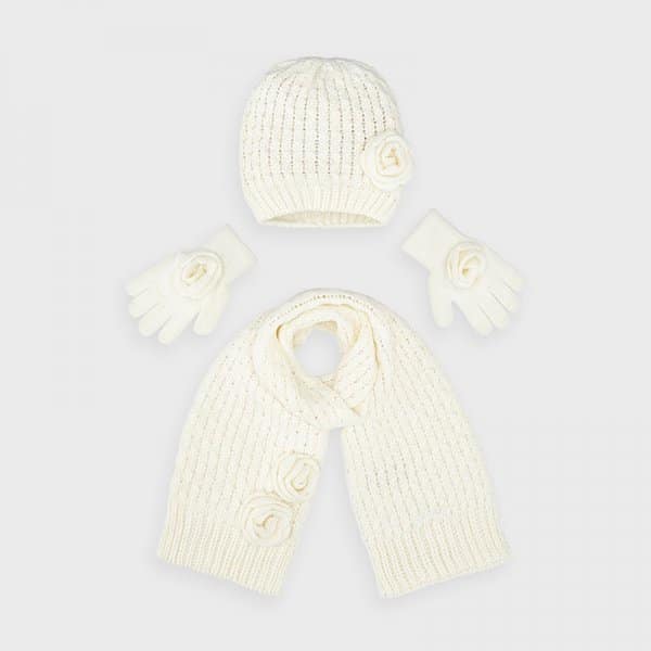 10-10897-090-800-4.jpg Σετ σκούφος και κασκόλ λουλούδι κορίτσι Εκρού - Image 1