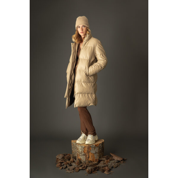 Biston fashion Γυναικείο Μακρύ Μπουφάν Μπέζ Δερματίνη  48-101-075 - Image 1