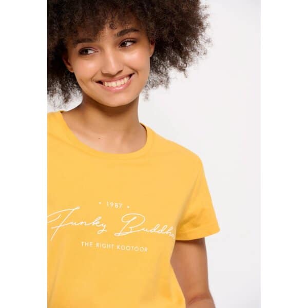 Γυναικείο T-shirt από οργανικό βαμβάκι με τύπωμα Κίτρινο FUNKY BUDDHA FBL007-114-04 - Image 3