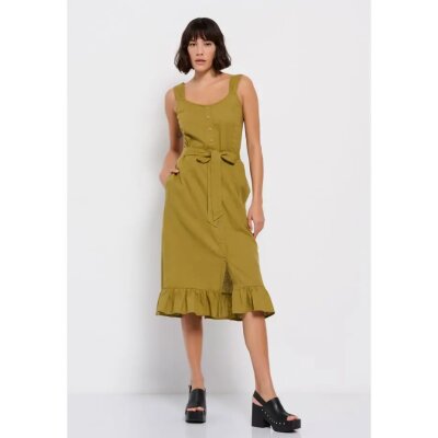 Γυναικείο Midi Φόρεμα Linen blend Λαδί FUNKY BUDDHA FBL007-133-13