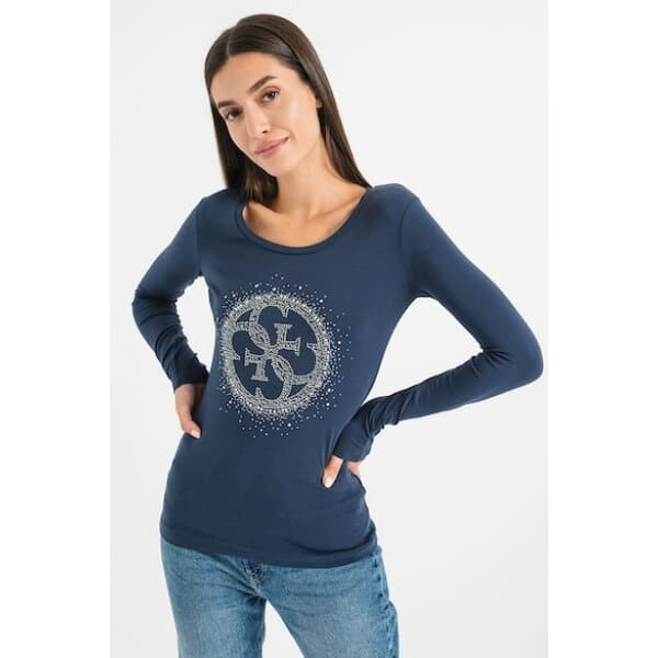Γυναικεία Μπλούζα  Guess Ελαστική με λογότυπο στρας Μπλέ W3BI61J1314-G7P1 - Image 1