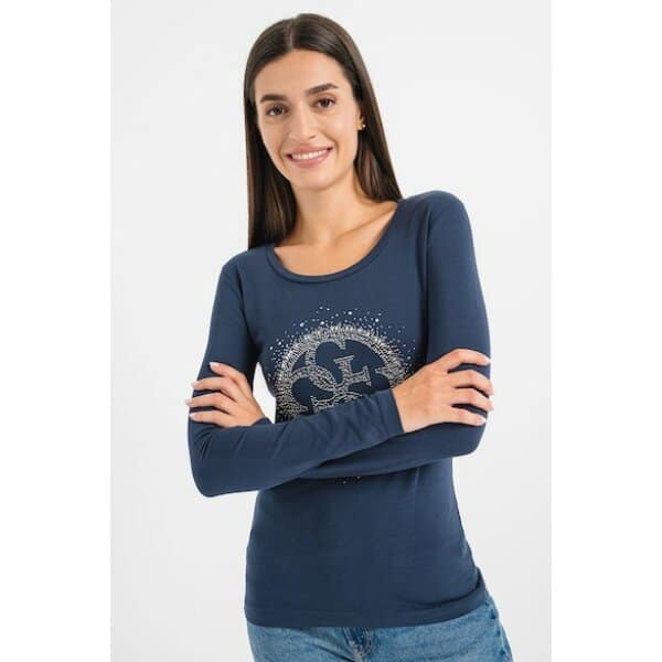 Γυναικεία Μπλούζα  Guess Ελαστική με λογότυπο στρας Μπλέ W3BI61J1314-G7P1 - Image 4