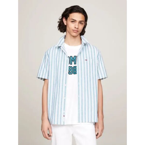 Ανδρικό Πουκάμισο Λινό TOMMY JEANS DM0DM18961 STRIPE SS Λευκό Πράσινο - Image 3