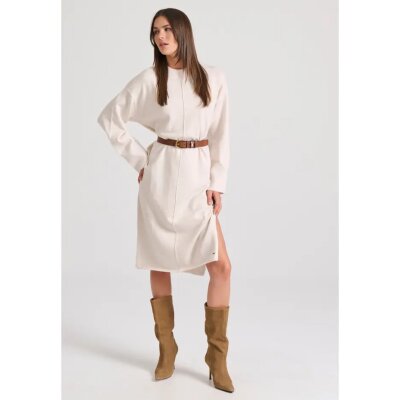 Γυναικείο Relaxed fit μίντι πλεκτό φόρεμα με πλαϊνά σκισίματα FUNKY BUDDHA FBL010-106-13-CHALK