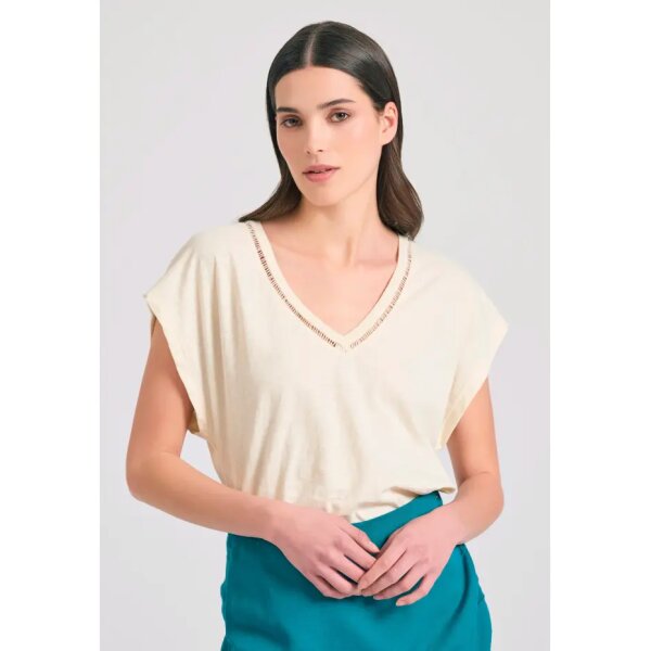Γυναικείο linen blend μονόχρωμο t-shirt FUNKY BUDDHA  FBL011-110-04-CHALK - Image 1