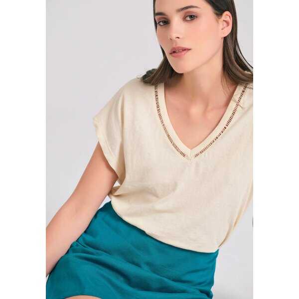 Γυναικείο linen blend μονόχρωμο t-shirt FUNKY BUDDHA  FBL011-110-04-CHALK - Image 4