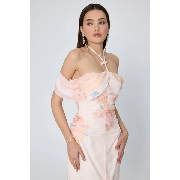 Μακρύ Φλοράλ Φόρεμα Μουσελίνα AMBROSIA MML25-01-07-037_VANILLA - Image 2