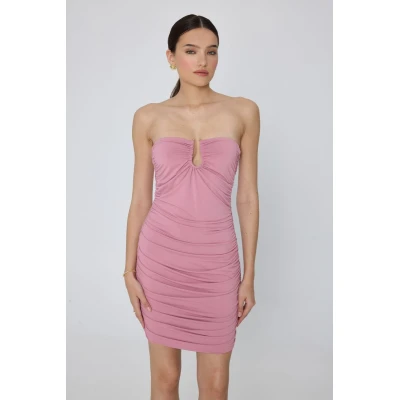 Strapless Ζέρσεϊ Μίνι Φόρεμα με Ντραπάρισμα και Διακοσμητικό Κρίκο HAVANA MML25-01-07-042_PINK