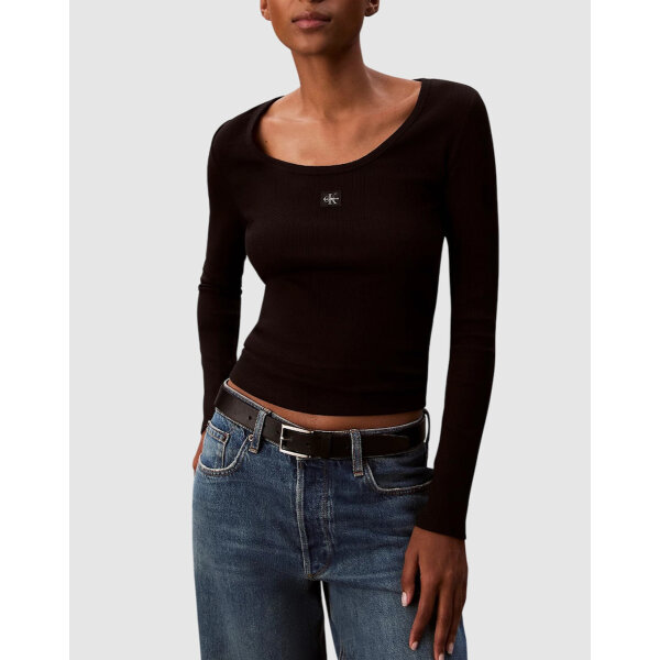 20250912122430_calvin_klein_gynaikeio_makrymaniko_poulover_vamvakero_mayri_lv047d218g_ub1 (1) ΓΥΝΑΙΚΕΙΑ ΜΠΛΟΥΖΑ LS WOVEN LABEL 2X2 RIB SCOOP N CALVIN KLEIN LV047D218G-UB1 - Image 1