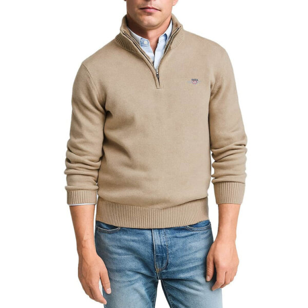 gant-mens-casual-cotton-half-zip-dark-sand-melange-northern-ireland-belfast-lisburn-126_600x Ανδρική Μπλούζα Πλεχτή GANT 8030170-295 καφέ - Image 1