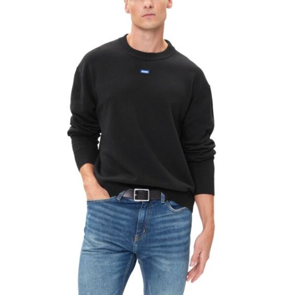 Ανδρικό πλεκτό Relaxed-fit sweater with blue logo badge HUGO 50543784 μαύρο - Image 1