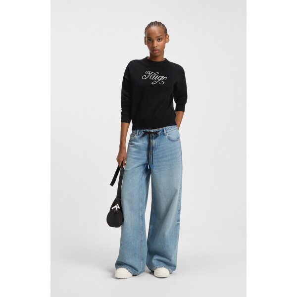 HUGO Γυναικεία Μπλούζα μαύρη Relaxed-fit knitted sweater with metallised-yarn logo  50548145 - Image 3