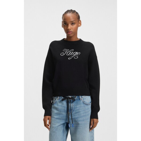 HUGO Γυναικεία Μπλούζα μαύρη Relaxed-fit knitted sweater with metallised-yarn logo  50548145 - Image 1
