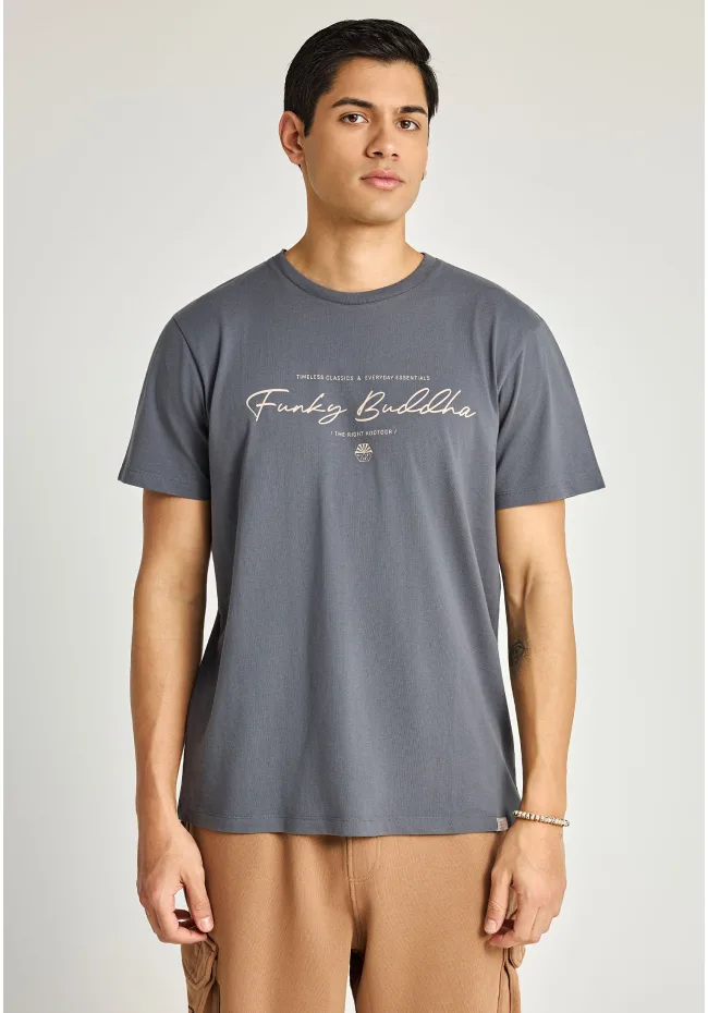 FBM013-022-04_DK_GREY_1 Ανδρική Μπλούζα Κοντό Μανίκι Και Τύπωμα FUNKY BUDDHA FBM013-022-04 ΓΚΡΙ - Image 1